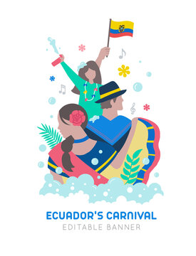 VECTORS. Carnival in Ecuador, Mardi Gras, religious tradition, foam party, colorful parade, flowers, flag, poster