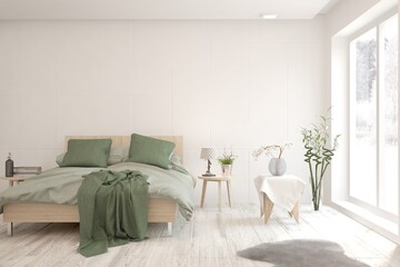 Soft color bedroom interior. Scandinavian design. 3D illustration