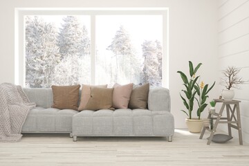 Stylish room in white color with sofa and winter landscape in window. Scandinavian interior design. 3D illustration