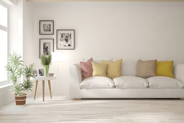 Fototapeta premium White living room with sofa. Scandinavian interior design. 3D illustration
