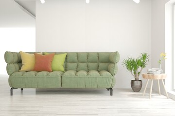 Modern living room in white color with sofa. Scandinavian interior design. 3D illustration