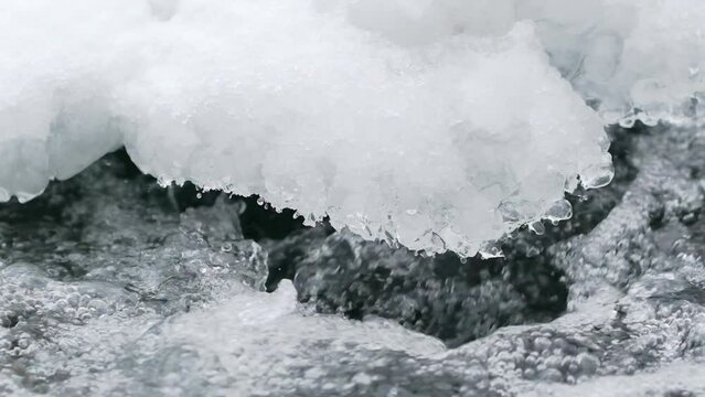 Melting ice on a cold river in early spring season. 