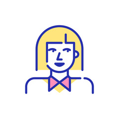 Line art avatar icon. Cute girl with bob haircut wearing a shirt. Pixel perfect, editable stroke fun color avatar
