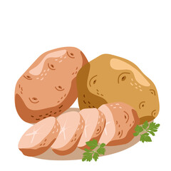 Delicious potatoes in whole and cut with parsley. Healthy vegetables. Vector illustration isolated on a white background