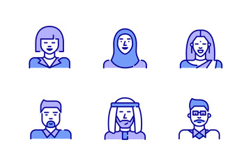 Line art avatar icons. Asian people including Chinese, Korean, Indian and Arab men and women. Pixel perfect, editable stroke, color
