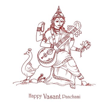 .Hand draw indian god saraswati maa on vasant panchami card design