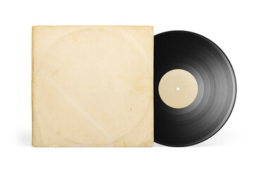 Paper cover and vinyl LP record isolated on white.