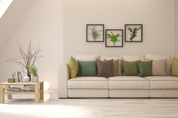 White living room with sofa. Scandinavian interior design. 3D illustration