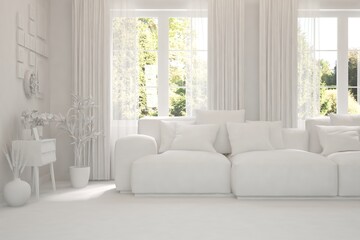 Mock up of stylish room in white color with sofa and green landscape in window. Scandinavian interior design. 3D illustration