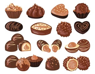 A set of chocolates of various flavors and shapes. Vector illustration isolated on white background. For postcards, invitations, shop, cafe, banner, advertising.