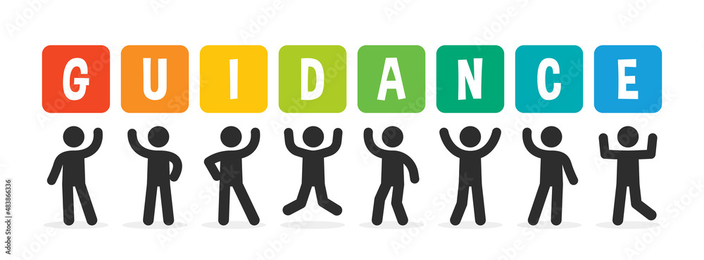 Poster banner guidance. people holding up colorful sign with text guidance on banner. vector illustration