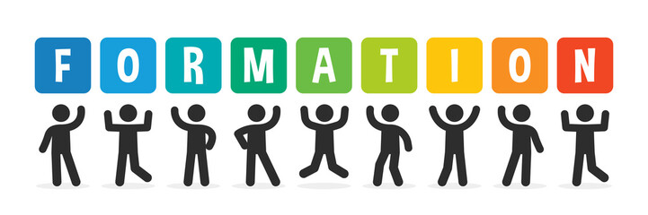 Formation word banner in colorful design. Crowed of people holding sign with text formation. 