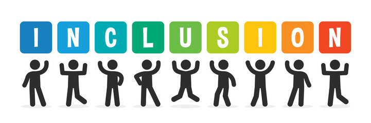 People holding up colorful sign with text inclusion on banner.