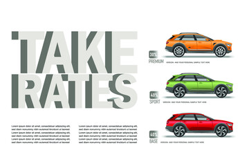 Vector illustration of automotive take rates concept with colorful car models.