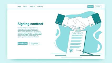 Signing the contract.Business agreement, conclusion of a transaction.Handshake on the background of the contract.An illustration in the style of a green landing page. © NikAndr