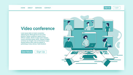 Video conference.Business meeting online.People communicate and work using a video connection.An illustration in the style of a green landing page. © NikAndr