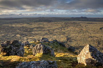 Fototapeta na wymiar Reykjanes peninsula panorama.A view from the top of the mountain Þorbjörn in Iceland .The mountain is beside the town of Grindavik and the Blue Lagoon
