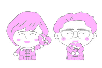 若い　男女　贈り合う　バレンタインチョコ　シンプルカラー