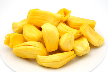 Peeled jackfruit on white plate isolated on white background.