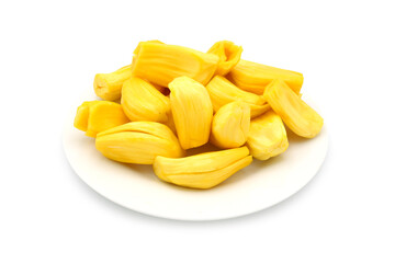 Peeled jackfruit on white plate isolated on white background.