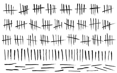Tally mark. Prison counting lines set, black slash scratches on the wall. Hand drawn crossed out tally marks, jail grunge outline numbers on white background, vector illustration - obrazy, fototapety, plakaty