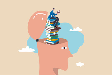 Reading books to gain knowledge, intelligence and thinking skill, lifelong learning, research and study for personal growth concept, calm young adult reading book on books stack growth from his head.