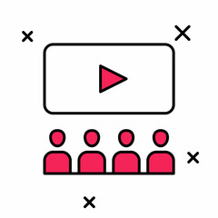 Filled outline Cinema auditorium with screen icon isolated on white background. Vector