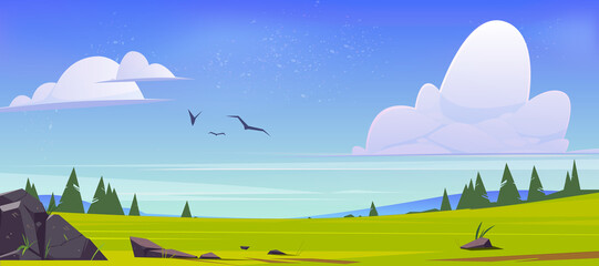 Meadow with green grass, conifers and hills on horizon. Vector illustration of summer or spring landscape of field or pasture with plants and stones and flying birds in sky - obrazy, fototapety, plakaty