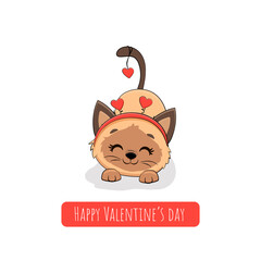 Cute little cartoon cat with heart.Valentines day card
