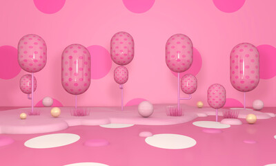 Tree cartoon with Wall Background. 3D illustration, 3D rendering	
