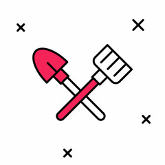 Filled outline Shovel and rake icon isolated on white background. Tool for horticulture, agriculture, gardening, farming. Ground cultivator. Vector