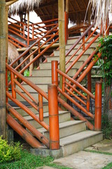 Fototapeta na wymiar bamboo stairs in the restaurant garden 