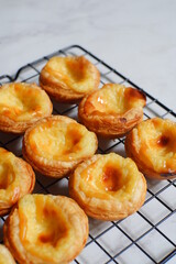 pile of egg tarts against white background 