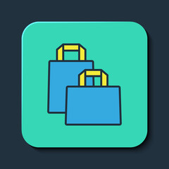 Filled outline Paper shopping bag icon isolated on blue background. Package sign. Turquoise square button. Vector