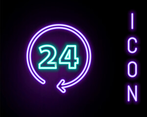 Glowing neon line Clock 24 hours icon isolated on black background. All day cyclic icon. 24 hours service symbol. Colorful outline concept. Vector