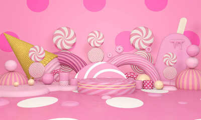 Background rendering with podium and wall scene abstract background. 3D illustration, 3D rendering	
