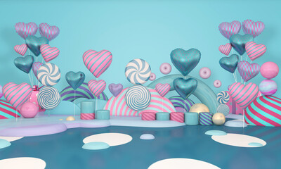 Colorful Bunch of Birthday 3D Balloons Flying for Party in room. 3D illustration, 3D rendering	