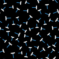 Line Garden rake icon isolated seamless pattern on black background. Tool for horticulture, agriculture, farming. Ground cultivator. Housekeeping equipment. Vector