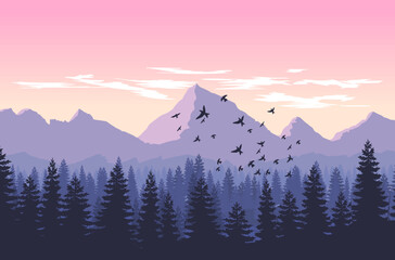 Flat landscape mountain forest background Free Vector 