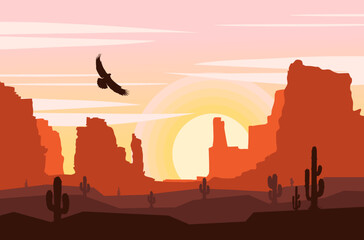 sunset in the desert and barren cliffs for an aesthetic background with flying eagles ,free vector