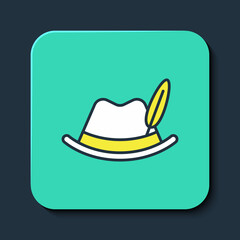 Filled outline Oktoberfest hat icon isolated on blue background. Hunter hat with feather. German hat. Turquoise square button. Vector