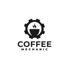 illustration of a hot coffee cup inside a gear shape. coffee shop, coffee production logo template.