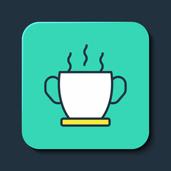 Filled outline Bowl of hot soup icon isolated on blue background. Turquoise square button. Vector