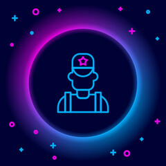 Glowing neon line Sheriff cowboy hat with star badge icon isolated on black background. Police officer. Colorful outline concept. Vector