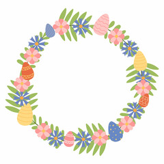 Vector illustration of an Easter frame. Frame of leaves, flowers and Easter eggs.