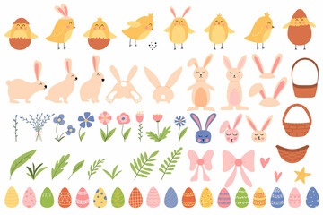  Vector Easter set. Set with Easter chickens, rabbits, eggs. Set for Easter .Cute illustration for creating posters, postcards, patterns for Easter.