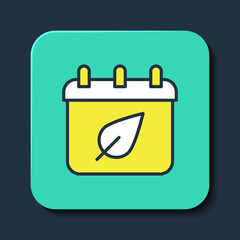 Filled outline Calendar with autumn leaves icon isolated on blue background. Turquoise square button. Vector