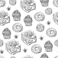 Various desserts seamless pattern. Decor of the restaurant menu. Vector hand-drawn background