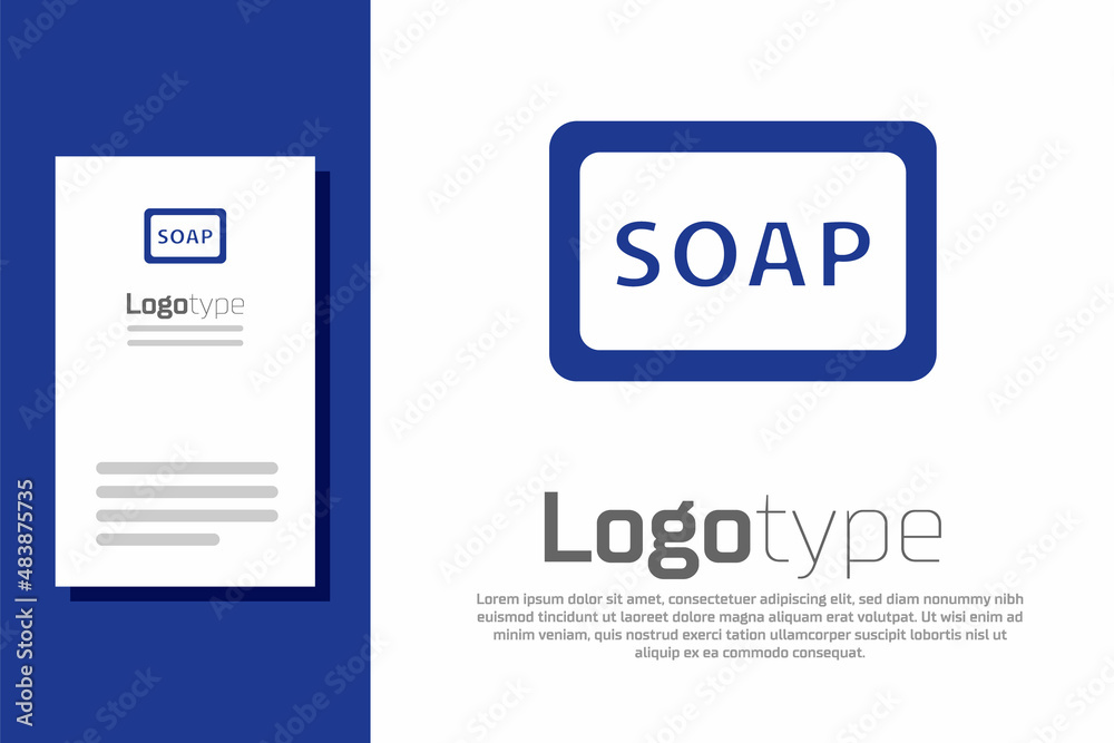 Sticker blue bar of soap with foam icon isolated on white background. soap bar with bubbles. logo design tem