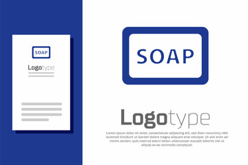Blue Bar of soap with foam icon isolated on white background. Soap bar with bubbles. Logo design template element. Vector Illustration